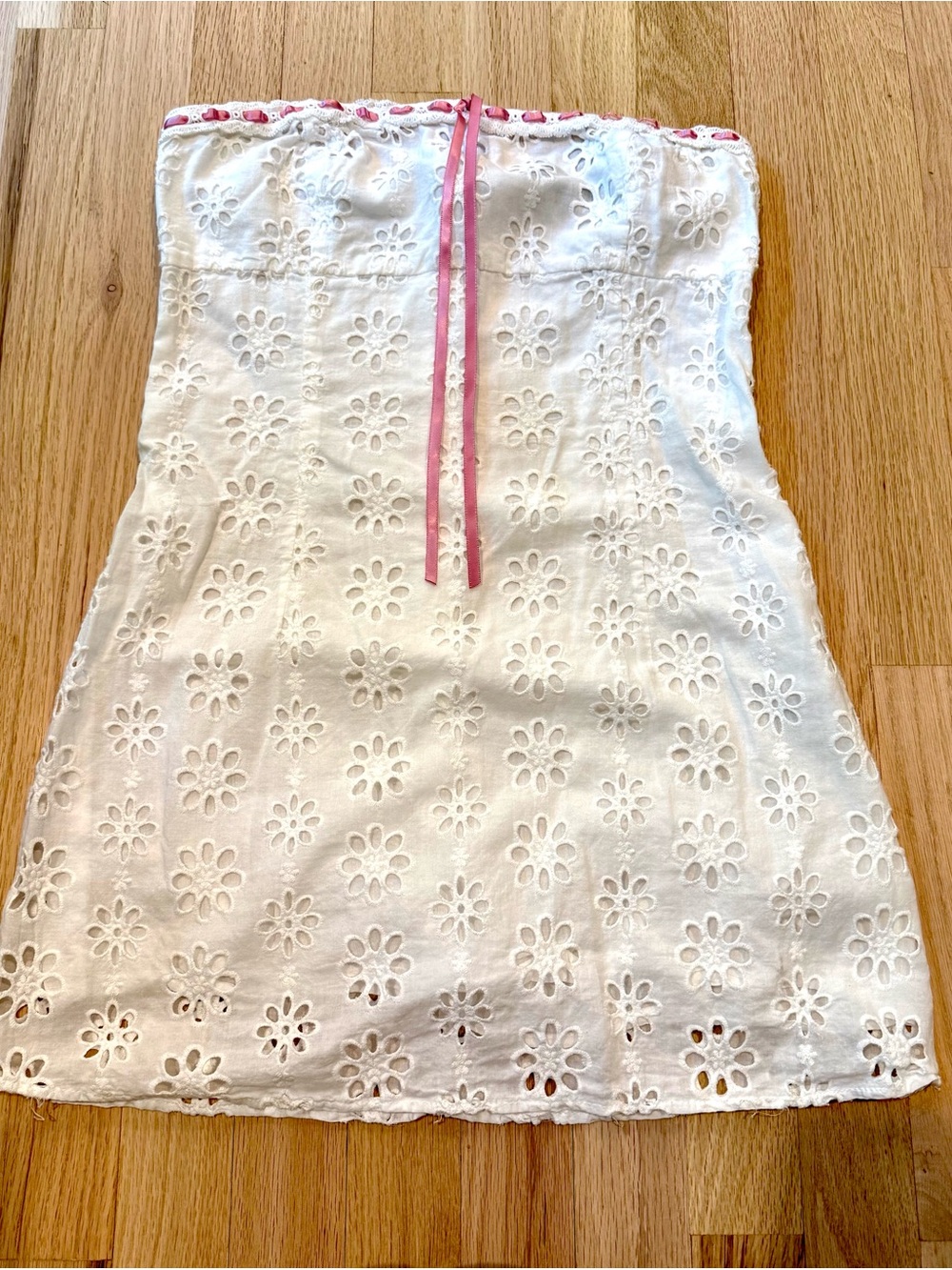 Forever 21 White Eyelet Strapless Dress with Pink Ribbon Trim